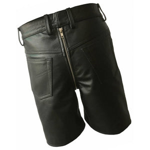 Men Double Zipper Snap Button Front Real Sheepskin Black Leather Shorts Leather Outlet