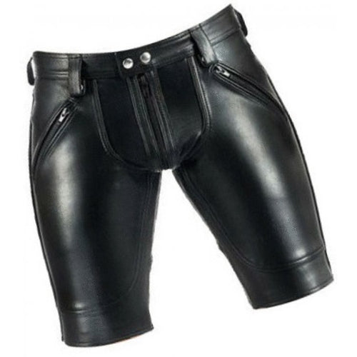 Men Saddle Seat Real Sheepskin Black Leather Shorts Leather Outlet