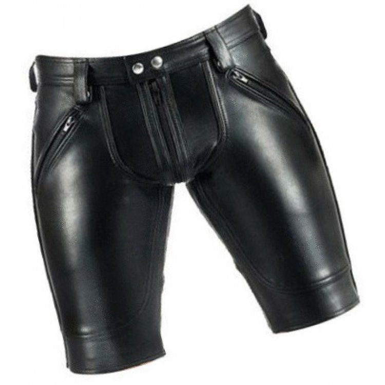 Men Saddle Seat Real Sheepskin Black Leather Shorts Leather Outlet
