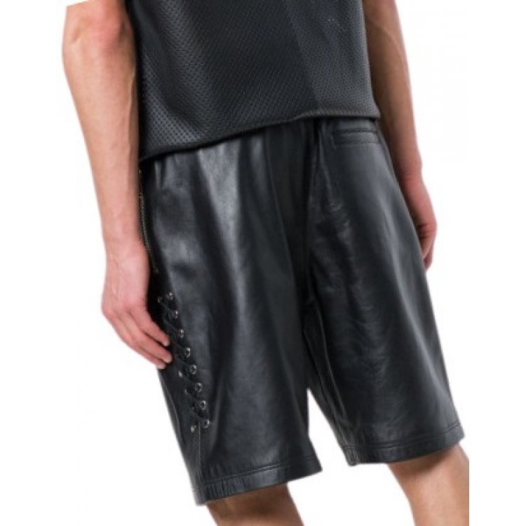 Men Side Lace-Up Basketball Real Sheepskin Black Leather Shorts Leather Outlet