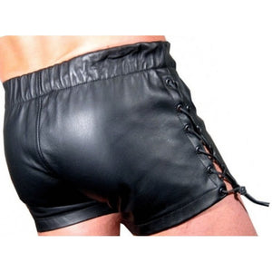 Men Side Lace Up Sexy Real Sheepskin Black Leather Shorts Leather Outlet