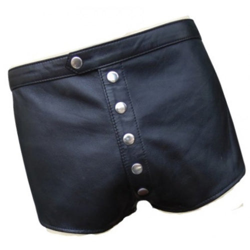 Men Snap Button Fly Real Sheepskin Black Leather Shorts Leather Outlet