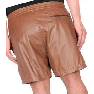 Men Zipper Pockets Real Sheepskin Brown Leather Shorts Leather Outlet