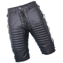 Load image into Gallery viewer, Mens Front Lace Up Quilted Real Sheepskin Black Leather Shorts Leather Outlet
