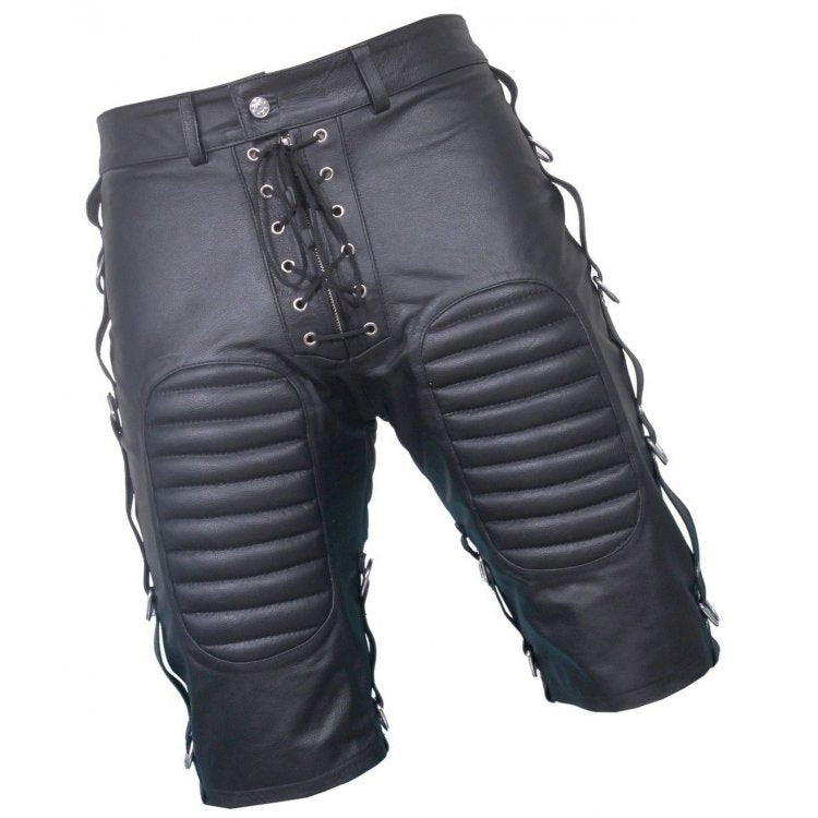 Mens Front Lace Up Quilted Real Sheepskin Black Leather Shorts Leather Outlet