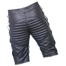 Load image into Gallery viewer, Mens Front Lace Up Quilted Real Sheepskin Black Leather Shorts Leather Outlet
