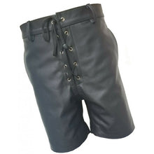 Load image into Gallery viewer, Mens Front Lace Up Real Sheepskin Black Leather Shorts Leather Outlet
