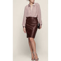 Stretch Panel Brown Leather Body-con Pencil Skirt for Women Leather Outlet