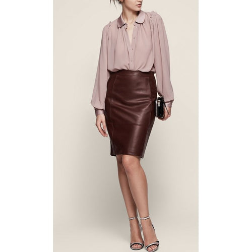 Stretch Panel Brown Leather Body-con Pencil Skirt for Women Leather Outlet