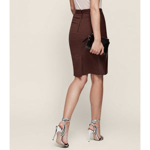 Stretch Panel Brown Leather Body-con Pencil Skirt for Women Leather Outlet